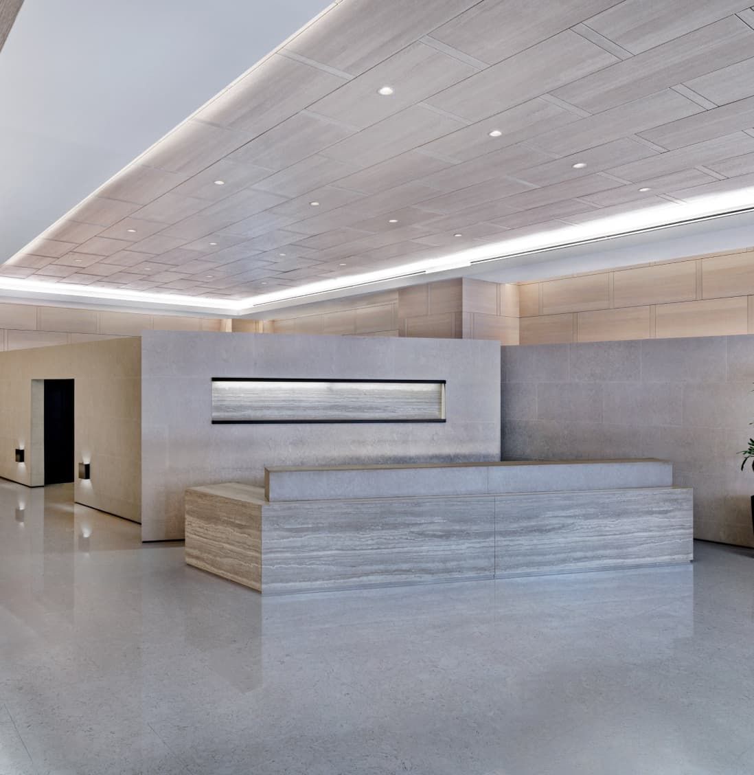 A contemporary lobby featuring a sleek reception desk and an elegant marble floor, showcasing modern design elements.