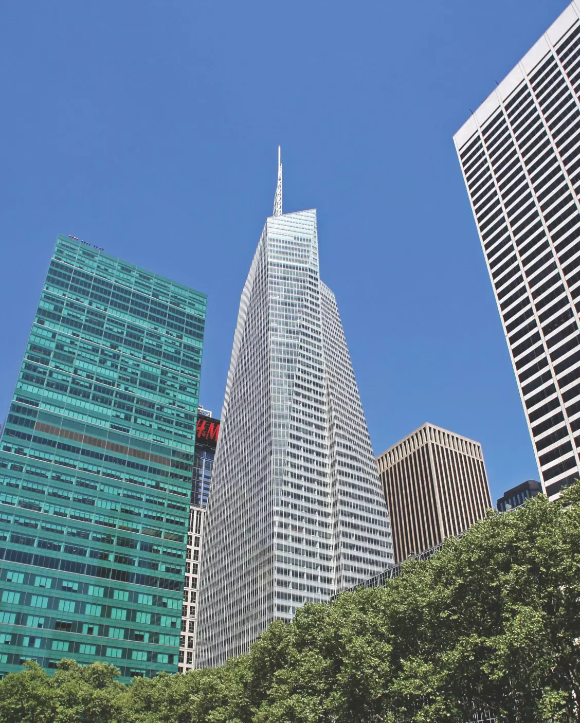 A view of One Bryant Park, emphasizing modern architectural design and surroundings.